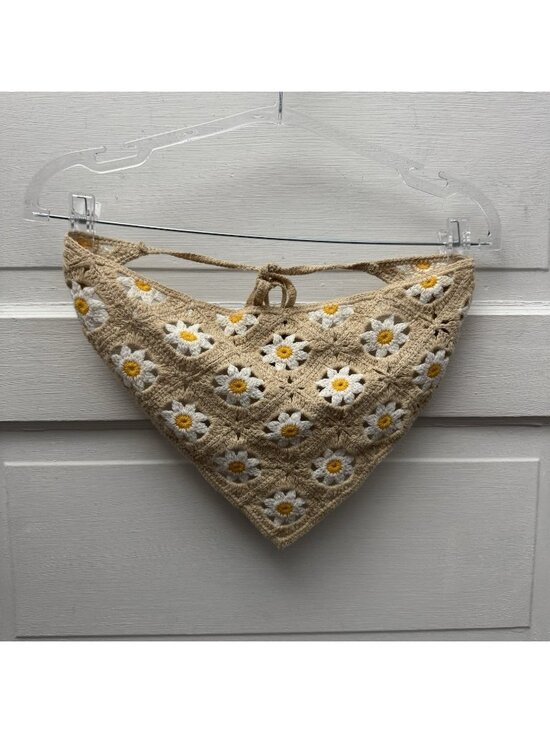 Unbranded Accessories - Crochet Daisy Triangle Bandana Scarf Beige White Floral Tie Neck Boho